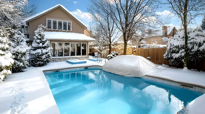 Piscine couverte de neige avec bâche d’hivernage – mise au repos et protection du système