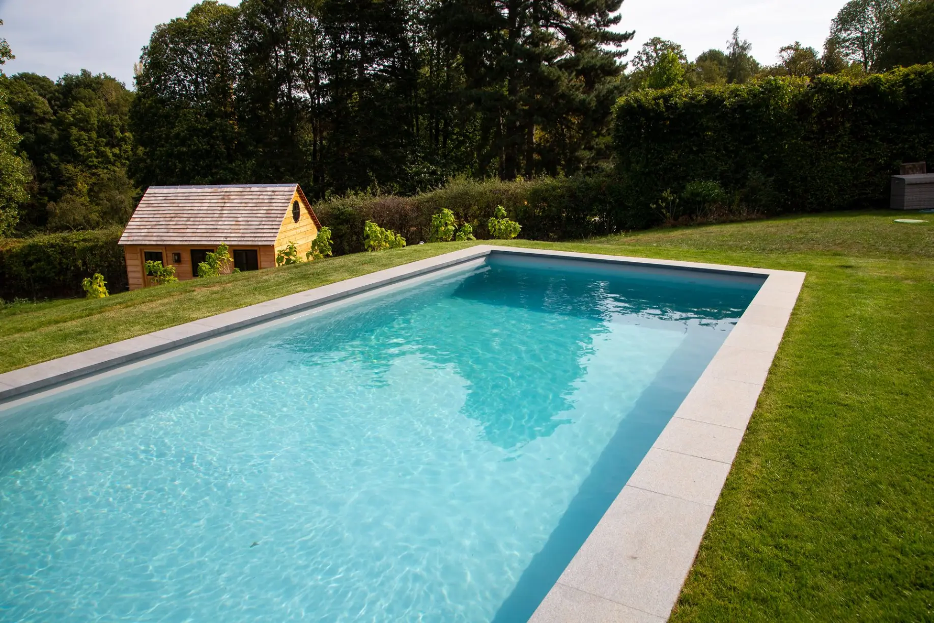 Piscine rectangulaire au cœur d’un jardin arboré — Le Petit Baigneur