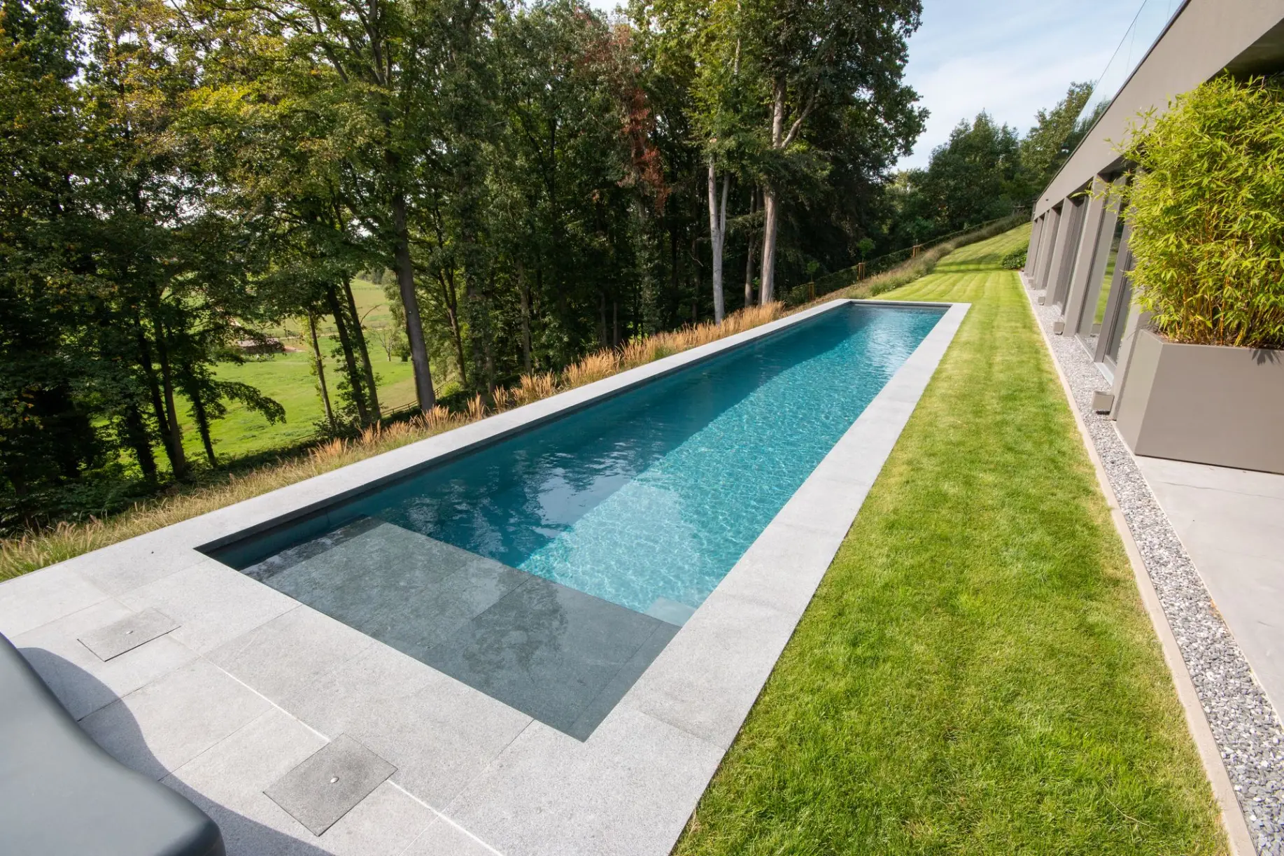Piscine rectangulaire avec allée verte et maison contemporaine — Le Petit Baigneur